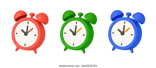 3d minimal alarm clock in different colors, isolated on white background. Alarm clock icon in 3d vector