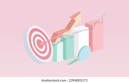3d minimal arrow hits center of target and business goal success concept stock chart.on pastel background