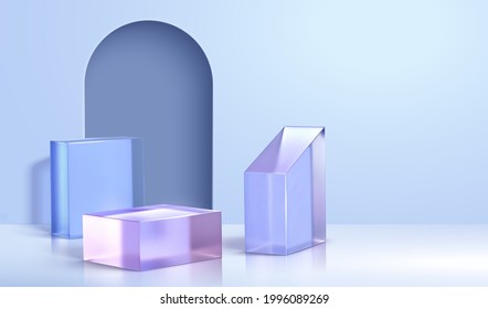 3d minimal background for product display. Layout of arch door and blue crystal glass cubes.
