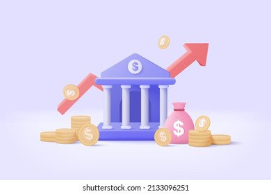 3d minimal bank deposit and investment, transactions money dollar, 3d banking financial concept. bank building with coin icon style on graph investment. 3d bank finance vector render on background