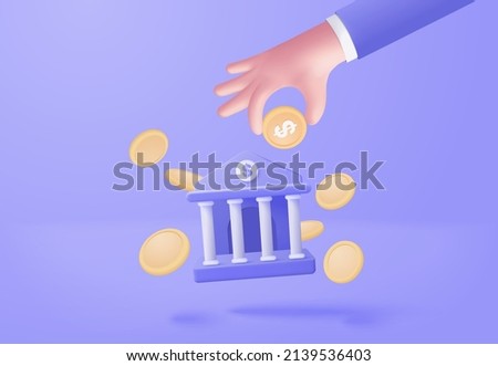 3d minimal bank deposit and withdrawal, transactions money service, banking financial concept. bank building with hand holding coin for saving investment. 3d bank vector render on blue background