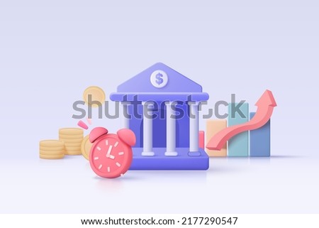 3d minimal bank deposit and withdrawal, transactions money service, banking financial. bank building with coin on graph 3d investment. 3d money with bank building icon vector render illustration