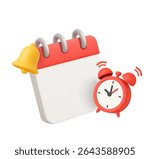 3d minimal blank calendar with yellow notification bell, ringing alarm clock, isolated on white background. Realistic red calendar mockup, deadline and due date planning icon in 3d vector