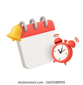 3d minimal blank calendar with yellow notification bell, ringing alarm clock, isolated on white background. Realistic calendar mockup, deadline and due date planning icon in 3d vector