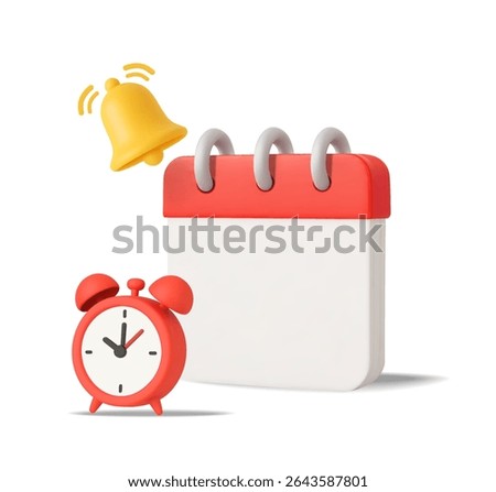 3d minimal blank calendar with yellow notification bell, alarm clock, isolated on white background. Realistic red calendar mockup, deadline and due date planning icon in 3d vector
