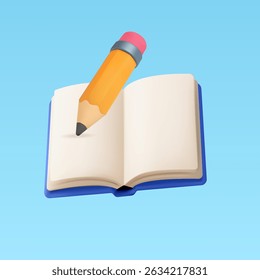 3d minimal book with pencil, isolated on background. Writing notebook banner template in 3d vector