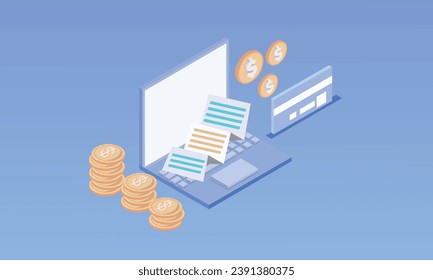 3d minimal business invoice transaction for payment on laptop with clock alert notification. Business using invoice bill, transaction with credit card concept.on pastel blue background.