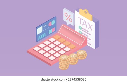 3d minimal calculator render concept of financial management. 3d calculating financial risk planning, calculator with money coins and banknote.on pastel background