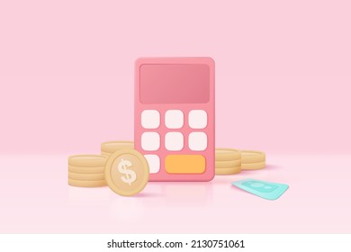 3d minimal calculator vector render concept of financial management. calculating financial risk planning, calculator with coins stack and banknote with 3d vector concept on pastel pink background