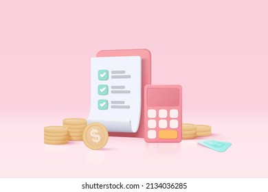 3d minimal calculator vector render concept of financial management. 3d calculating financial risk planning, calculator with money coins and banknote. 3d tax finance vector on pink background