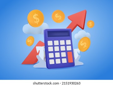3d minimal calculator vector render concept of financial management. Calculating financial risk planning, calculator with coins stack and arrow graph with 3d vector concept on pastel purple background