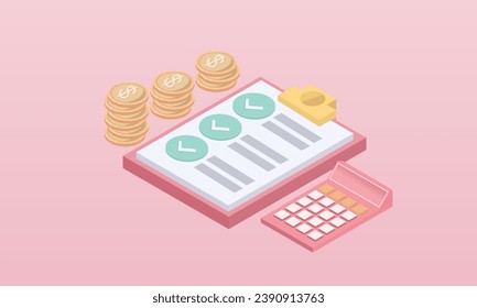 3d minimal calculator vector render concept of financial management. 3d calculating financial risk planning, calculator with money coins and banknote. 3d tax finance vector.on pastel pink background.
