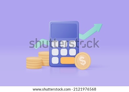 3d minimal calculator vector render concept of financial management. calculating financial risk planning, calculator with coins stack and arrow graph with 3d vector concept on pastel purple background