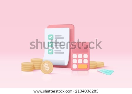 3d minimal calculator vector render concept of financial management. 3d calculating financial risk planning, calculator with money coins and banknote. 3d tax finance vector on pink background Сток-фото © 