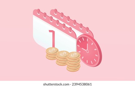 3d minimal calendar and alarm clock with gold coins around. the concept of a reminder of timely payment for services.on pastel background