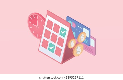 3d minimal calendar and alarm clock with gold coins around. the concept of a reminder of timely payment for services.on pastel background