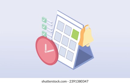 3d calendario mínimo marcado fecha y hora para el día del recordatorio.Calendario con reloj para la cita programada, día del evento, planificación de vacaciones.sobre fondo púrpura pastel.