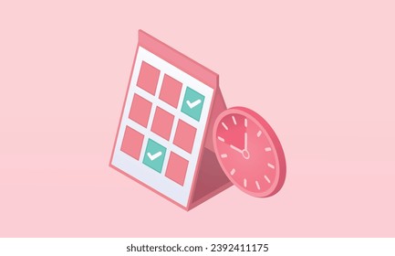 3d minimal calendar marked date and time for reminder day. Calendar with todo list for schedule appointment, event day and time, calendar planning 3d concept.on pastel pink background.