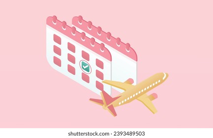 3d minimal calendar marked date for booking ticket plane day on travel holiday. Calendar with mark for schedule appointment, event day, holiday planning concept.on pastel pink background.