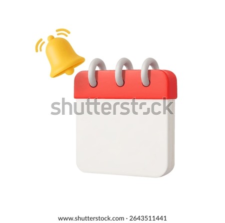 3d minimal calendar with yellow notification bell, isolated on white background. Realistic calendar mockup, deadline and due date planning icon in 3d vector