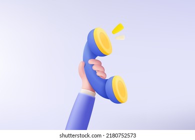 3d minimal call center phone in holding hand. Talking with service support hotline, 3d call center icon concept. 3d vector icon render telephone for contact customer illustration isolated background - Shutterstock ID 2180752573
