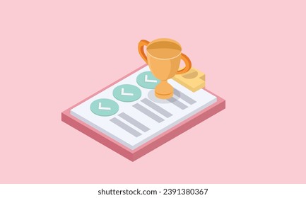 3d minimal certificate or award icon concept. 3d white clipboard task management todo checklist, work on project plan concept.on pastel pink background.