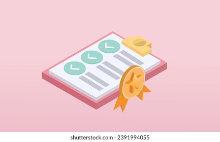 3d minimal certificate or award icon with stamp and ribbon bow quality concept. 3d white clipboard task management todo check list with stamp, work on project plan concept. on pastel pink background.