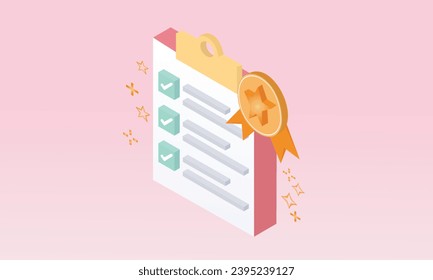 3d minimal certificate or award icon with stamp and ribbon bow quality concept. 3d clipboard task management todo check list with stamp, work on project plan concept.on pastel background