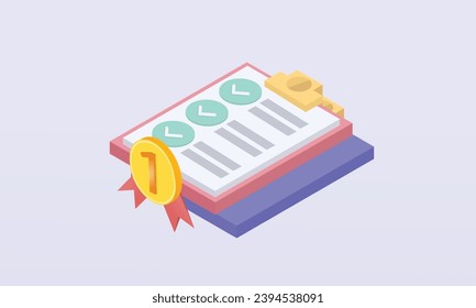 3d minimal certificate or diploma icon with stamp and ribbon bow isolated background. White clipboard task management todo check list, work on project plan concept.on pastel background