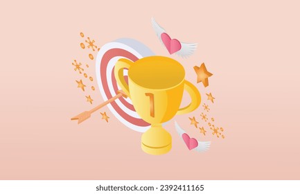 3d minimal Champion trophy, gold cup. Realistic 3d design of Winner prize, sport award, success concept in cartoon minimal style.on pastel orange background.