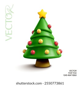 3d minimal Christmas tree with ornaments decoration. Christmas pine tree icon in 3d vector