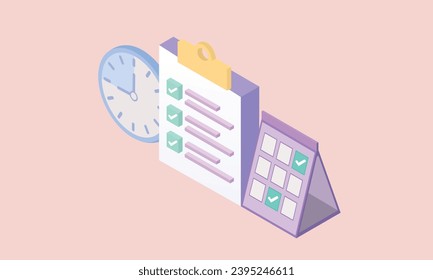 3d minimal Clipboard checklist with clock and calendar. deadline checklist, Notification, Deadline day warning, quick questionnaire, planning, reminder list. work deadline concept.on pastel background