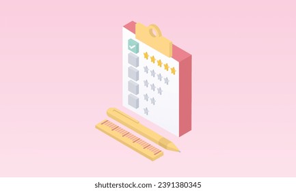 3d minimal clipboard rating five stars for best excellent rating.5 star for quality customer rating feedback. clipboard task todo check list, product review icon.on pastel pink background.