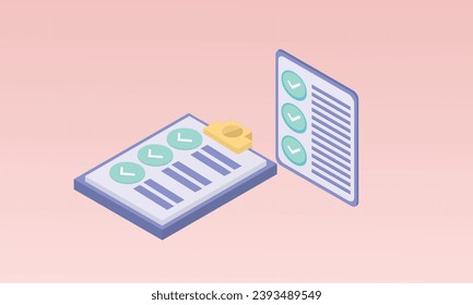 3d minimal clipboard task management todo checklist , efficient work on project plan, 3d report check concept, assignment and exam checklist icon. vector render .on pastel pink background.