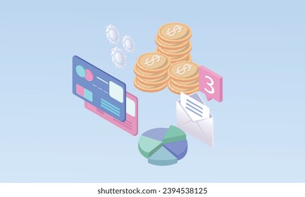 3d minimal coins, credit cards and diagram. The depositing money into an account, e-commerce, business growth, earnings, profit, success. Business symbols, analysis, transaction.on pastel background