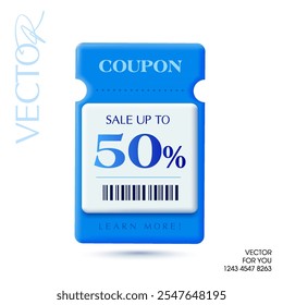 3d minimal coupon template with barcode, percent price off, coupon code, isolated on white background. 3d gift voucher with barcode icon in vector illustration 