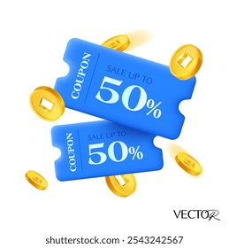3d minimal coupons with coupon code, percentage price off, golden coins flying around, isolated on white background. Gift voucher with coin banner template for sale off poster. 3d coupon vector