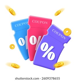 3d minimal coupons with percentage sign, coupon code and golden coins flying around, isolated on white background. Cash back gift voucher banner template. 3d coupon vector