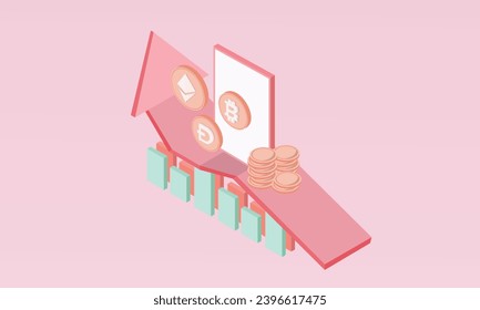 3d minimal Cryptocurrency trend trading and Bitcoin growth growing all the time with Bitcoin investment graph in smartphone concept.on pastel background