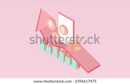 3d minimal Cryptocurrency trend trading and Bitcoin growth growing all the time with Bitcoin investment graph in smartphone concept.on pastel background