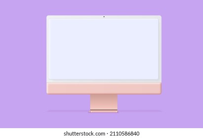 3D Minimal desktop, PC blank screen mockup. Modern desktop computer on pink color. Creative ideas minimal design. Vector illustration