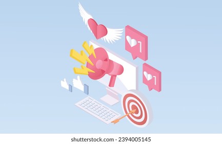 3d minimal Digital social marketing. Computer with social network interface. Hand holds a megaphone. Search and attraction of target audience. on pastel background