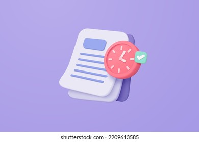 3D minimal document with clock alert on purple background. White clipboard 3d task management todo check list for business planning. 3d exam document and time reminder icon vector render illustration