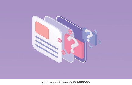 3d lista mínima de documentos con icono de signo de interrogación. falta hoja de documento de papel con signo de pregunta de burbuja de voz o preguntar FAQ y solución de respuesta QA concepto 3d.sobre fondo púrpura pastel.