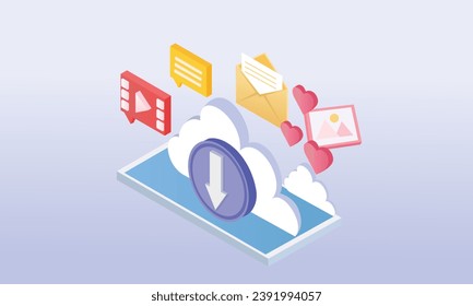 3d minimal download data to cloud computing with mobile phone concept for digital file sharing and data transfer system. download multimedia to smartphone.on pastel purple background.