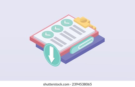 3d minimal download document vector icon concept. 3d white clipboard task management todo checklist. Reading mark symbol on website. download content for note book.on pastel background