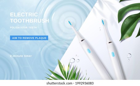 3d Minimal Electric Toothbrush Ad Banner. Two Toothbrushes On The Edge Of Swimming Pool, Designed With Water Ripples And Plant Leaves.