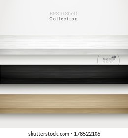 3d minimal empty vector wood shelf collection for online exhibit, web page banner, presentation - white, black and birch color version