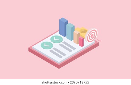 3d minimo excelente gráfico de negocios sobre el fondo. bajo el concepto de solución creativa. 3d objetivo para negocios, bancos, finanzas, inversión.en fondo rosa pastel.diseño vectorial isométrico Ilustración.