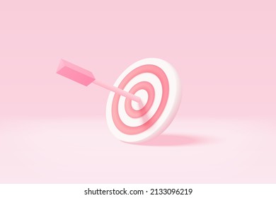 3d minimal excellent business idea goals. Leadership for successful  under creative concept in pastel background. 3d arrow hit center of target vector render on isolated pink background